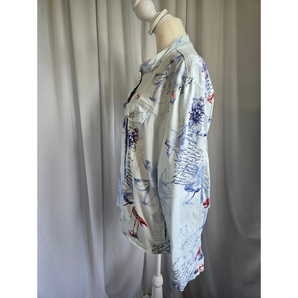 Chicos Bon Voyage Sateen Jacket Light Blue Flamingo Floral Script Print Size 4 - Picture 10 of 13